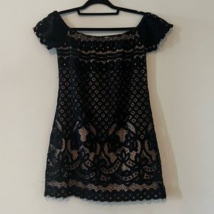 Lace Off Shoulder Black Mini Dress